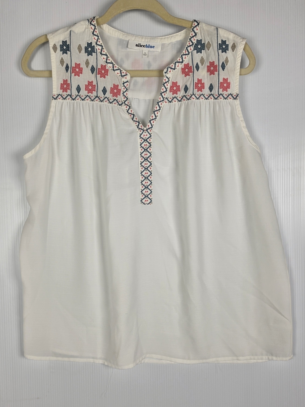 Alice Blue White Sleeveless Embroidered Yoke Tank with Pink and Blue Accents